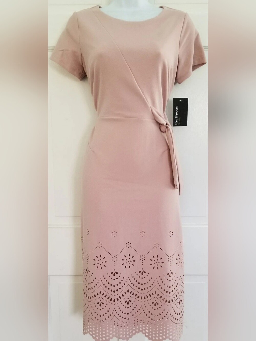 Enfocus Studio Dusty Pink Laser-Cut Tie-Sash Midi Dress